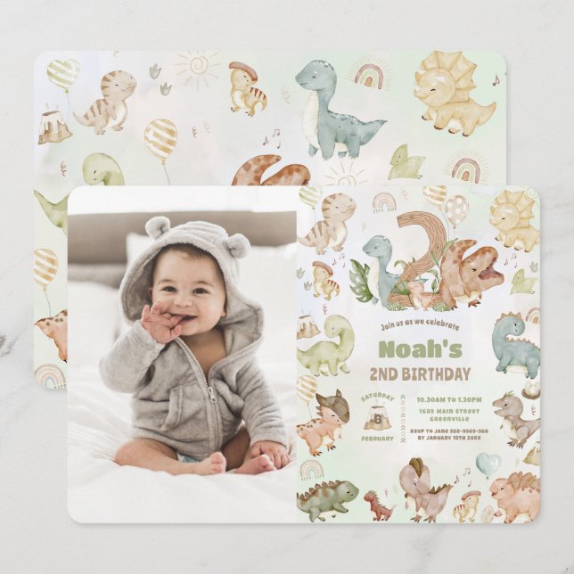 Cute Happy Dinosaurs 2nd Second Birthday Photo Invitation (Front/Back)