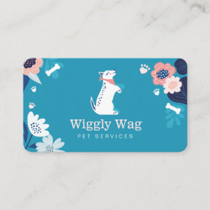 Cute Happy Dog Floral Botanical Blue Pet Services Business Card