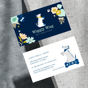 Cute Happy Dog Floral Botanical Navy Pet Services Business Card
