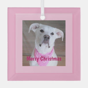 Cute Happy Dog With Soulful Eyes Pink Christmas Glass Ornament
