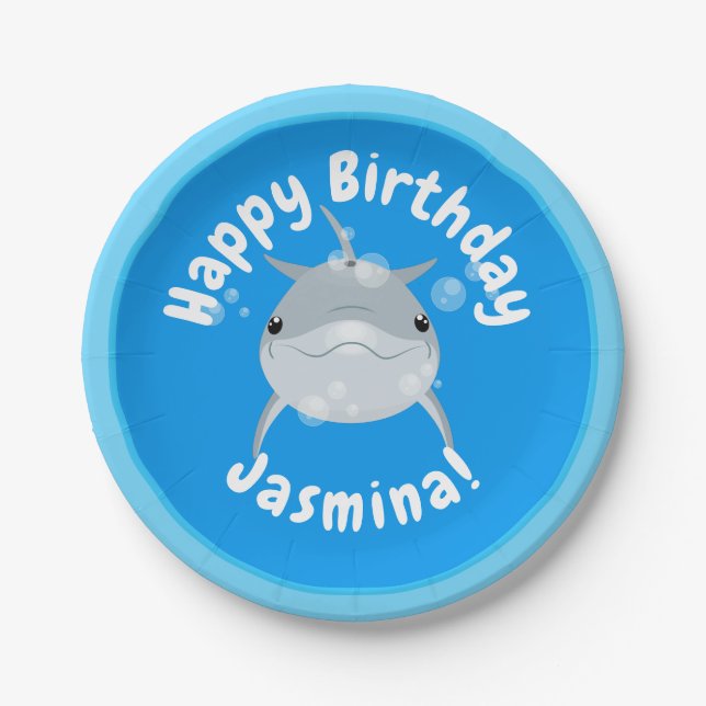 Cute happy dolphin bubbles cartoon illustration paper plate (Front)