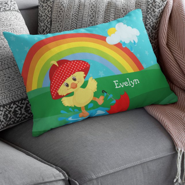 Cute Happy Duck in Rain with Rainbow Accent Pillow (Creator Uploaded)
