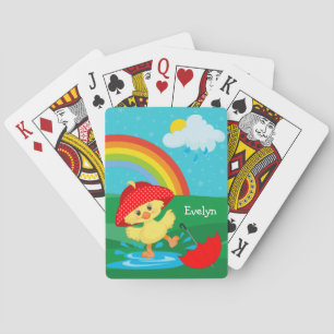 Cute Happy Duck in Rain with Rainbow Playing Cards