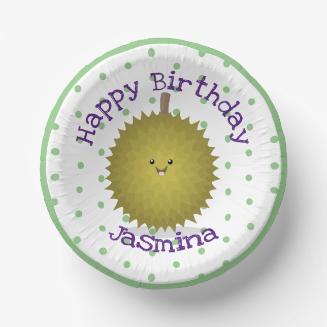 Cute happy durian cartoon illustration paper plate (Front)