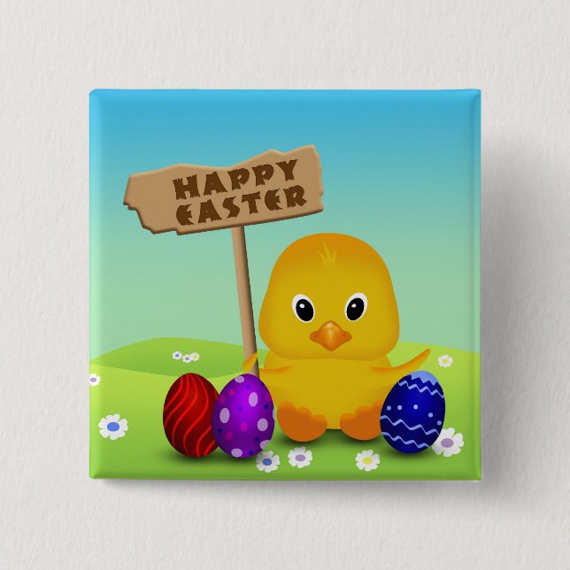 Cute Happy Easter Baby Chick 2 Inch Square Button (Front)