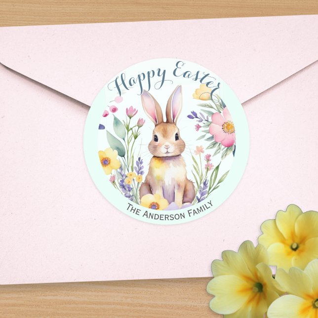 Cute Happy Easter Bunny and Flowers Personalized Classic Round Sticker (A personalized sticker with rabbit and flowers in a watercolor style, and 'Happy Easter' greeting)