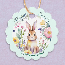 Cute Happy Easter Bunny and Flowers Personalized Favour Tags
