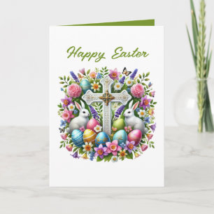 Cute Happy Easter bunny Cross add inside message  Holiday Card