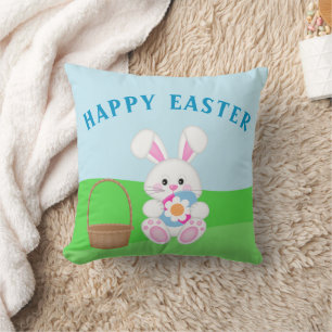 Cute Happy Easter Bunny Easter Eggs Throw Pillow