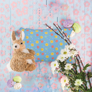Cute Happy Easter Bunny Eggs Floral Blue Accent Pillow
