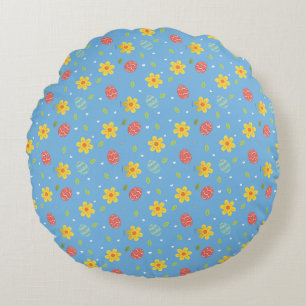 Cute Happy Easter Bunny Eggs Floral Blue Round Pillow