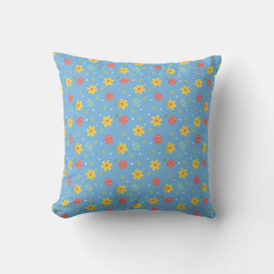 Cute Happy Easter Bunny Eggs Floral Blue Throw Pillow
