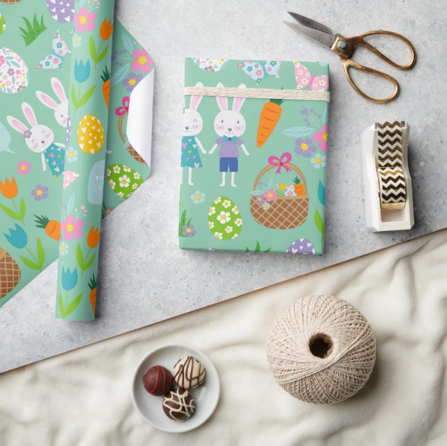 Cute Happy Easter Bunny Eggs Spring Flowers Wrapping Paper (Crafts)