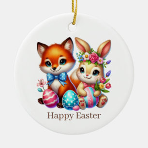 Cute Happy Easter bunny fox customizable Ceramic Ornament