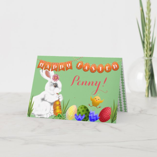 Cute Happy Easter Bunny Green Child Kid's Custom Holiday Card (Front)