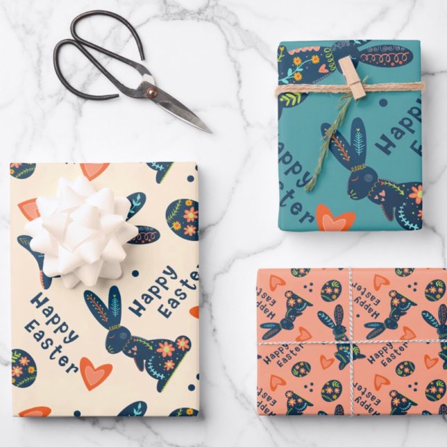 Cute Happy Easter Bunny Pattern Custom Folk  Wrapping Paper Sheet (Creator Uploaded)