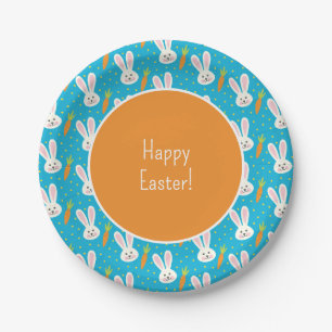 Cute Happy Easter Bunny Pattern with Text Party Paper Plate