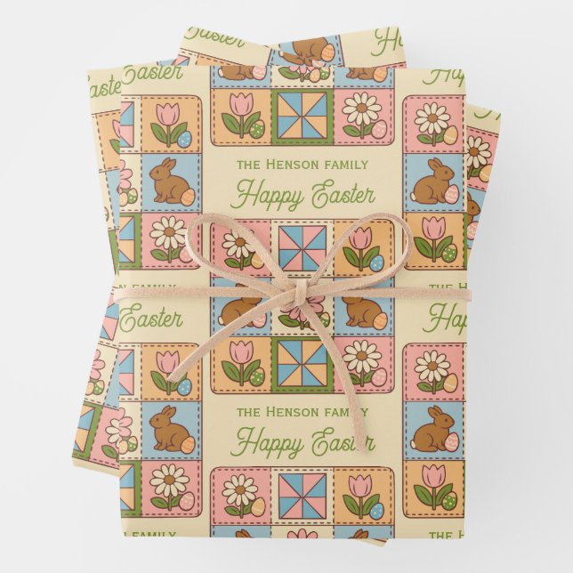 Cute Happy Easter Bunny Quilt Pattern  Wrapping Paper Sheet (In situ)