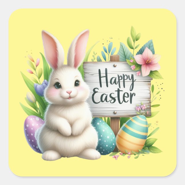 Cute Happy Easter bunny watercolor  Square Sticker (Front)