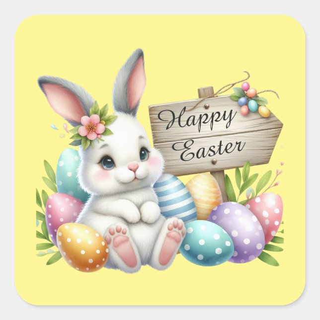 Cute Happy Easter bunny watercolor  Square Sticker (Front)