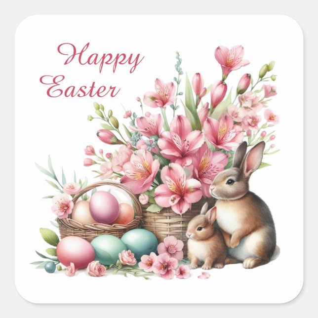 Cute Happy Easter bunny watercolor  Square Sticker (Front)