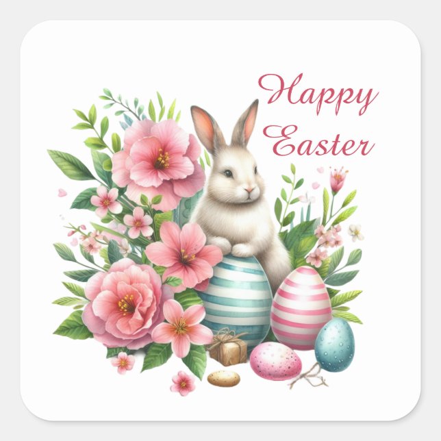 Cute Happy Easter bunny watercolor  Square Sticker (Front)