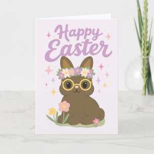Cute Happy Easter Bunny with Spring Flowers Card