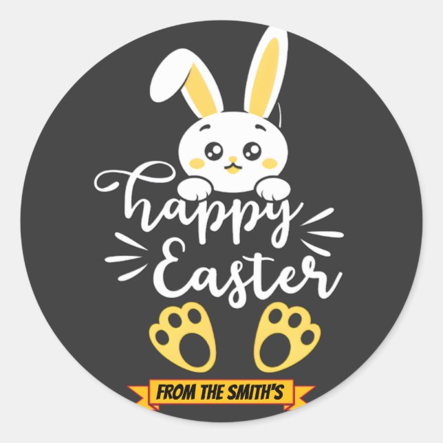 Cute Happy Easter Bunny with Yellow Paw Prints  Classic Round Sticker (Front)