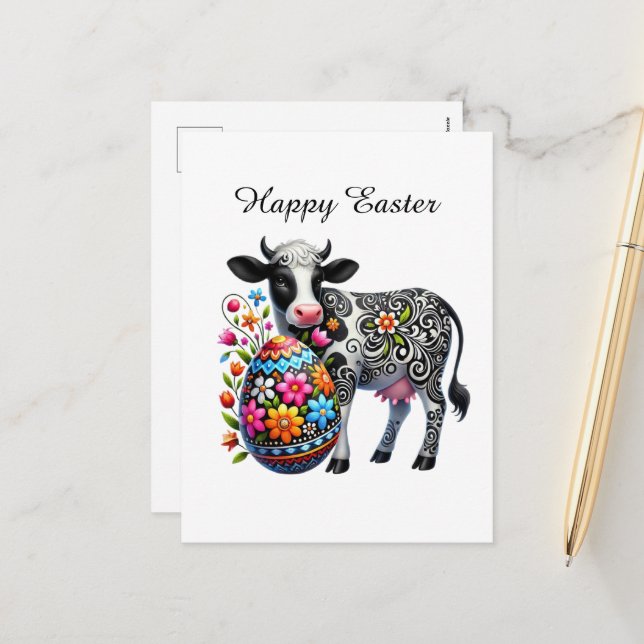 Cute Happy Easter cow farm animal  Holiday Postcard (Front/Back In Situ)
