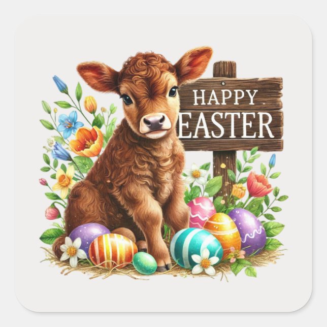 Cute Happy Easter cow Square Sticker (Front)