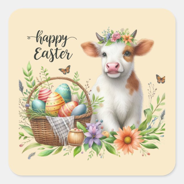 Cute Happy Easter cow watercolor  Square Sticker (Front)