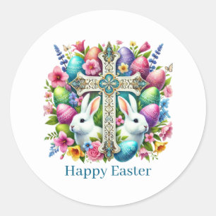 Cute Happy Easter Cross  Classic Round Sticker