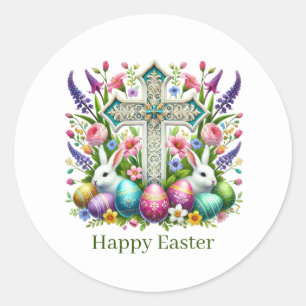 Cute Happy Easter Cross Classic Round Sticker