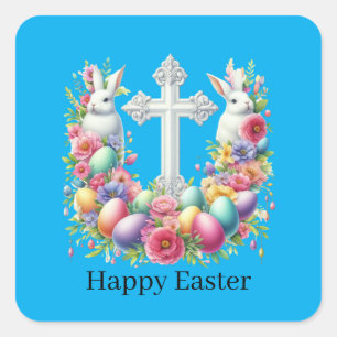 Cute Happy Easter Cross Square Sticker