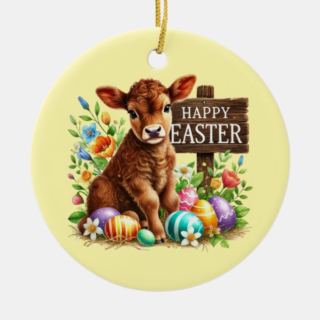 Cute Happy Easter customizable cow Ceramic Ornament (Front)