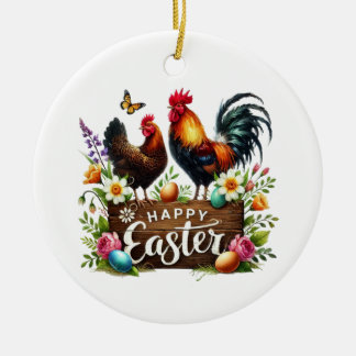 Cute Happy Easter customizable Rooster Ceramic Ornament