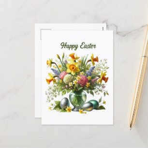 Cute Happy Easter flowers add message Holiday Postcard