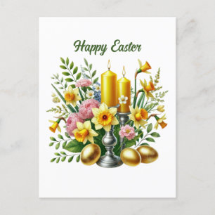 Cute Happy Easter flowers candles Holiday Postcard