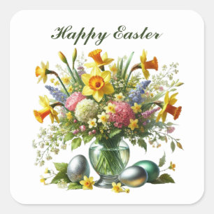 Cute Happy Easter flowers Square Sticker