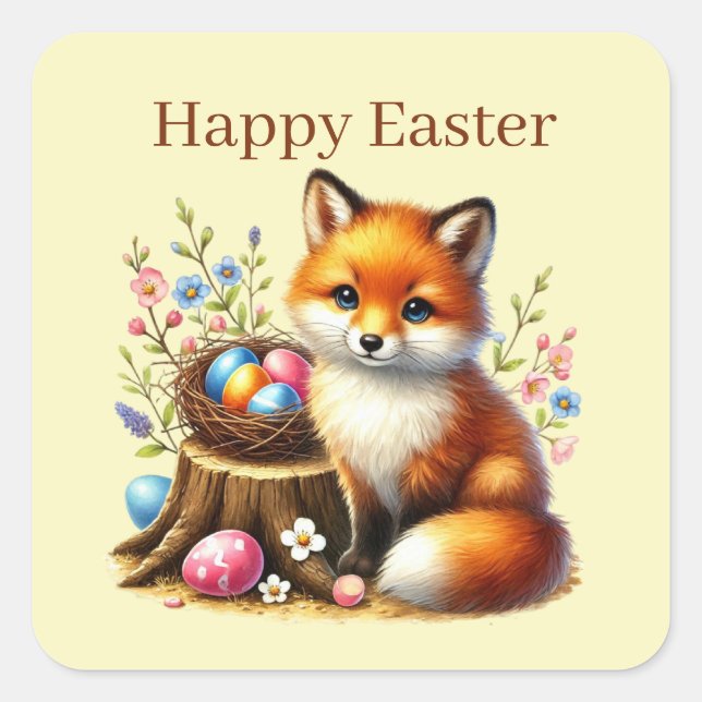 Cute Happy Easter fox Square Sticker (Front)