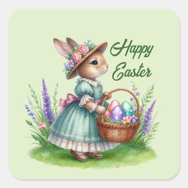 Cute happy Easter girl bunny add text  Square Sticker (Front)