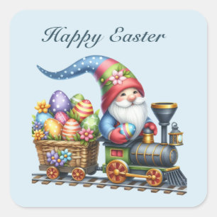 Cute Happy Easter gnome train add text Square Sticker