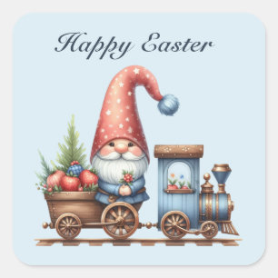 Cute Happy Easter gnome train add text Square Sticker