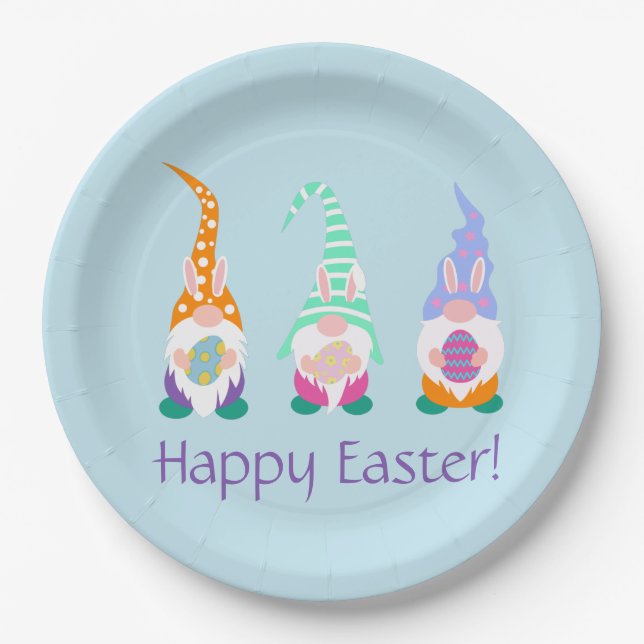 Cute Happy Easter Gnomes Bunny Ears Spring Colours Paper Plate (Front)