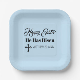 Cute Happy Easter He Has Risen Bible Verse Blue Paper Plate