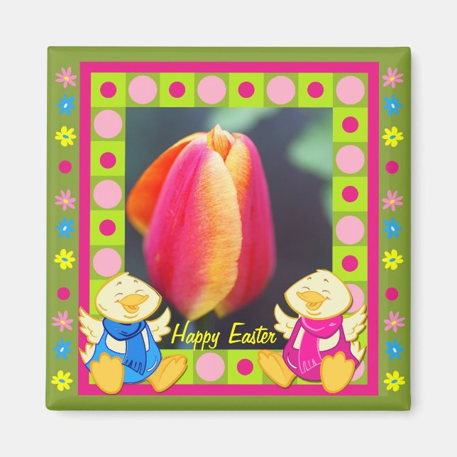 Cute Happy Easter magnet with chickens and tulip (Front)