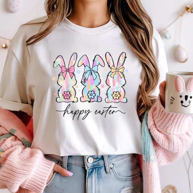 Cute Happy Easter, Pastel Bunnies & Floral T-Shirt (Creator Uploaded)
