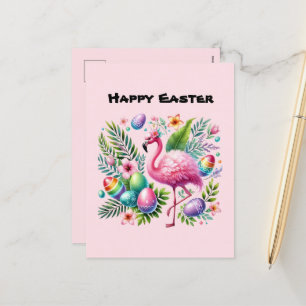 Cute Happy Easter pink flamingo add message Holiday Postcard