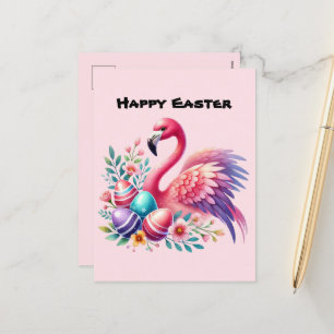 Cute Happy Easter pink flamingo add message  Holiday Postcard