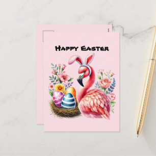 Cute Happy Easter pink flamingo add message Holiday Postcard